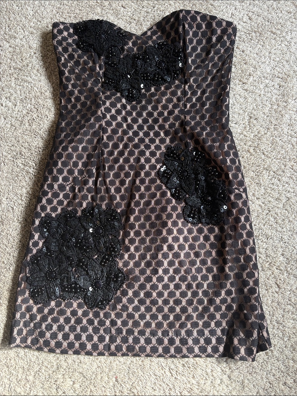 French Connection Strapless Black & Taupe Polka-Dot Appliqué Dress